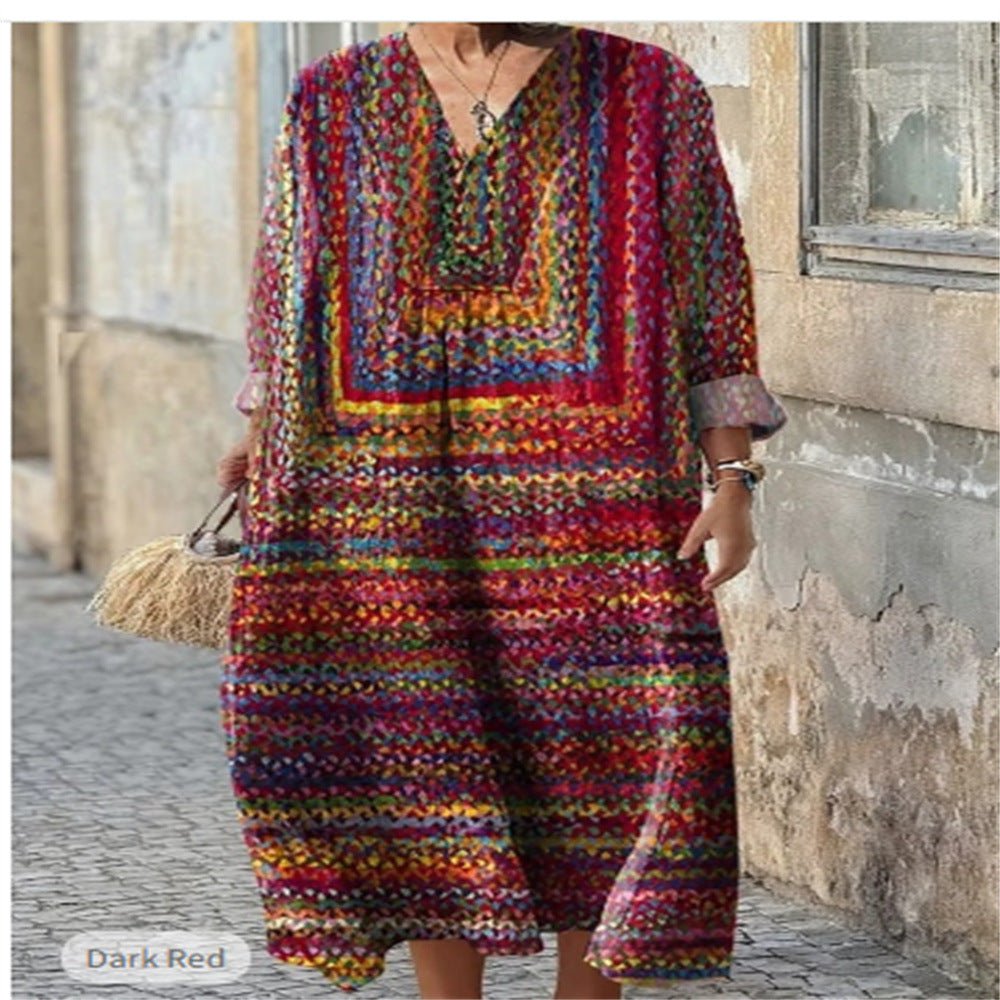 "Printed Plus Size Linen Dress | Long Sleeve Loose Fit 2XS–5XL"