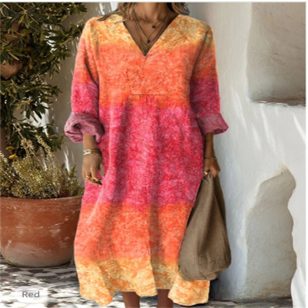 "Printed Plus Size Linen Dress | Long Sleeve Loose Fit 2XS–5XL"