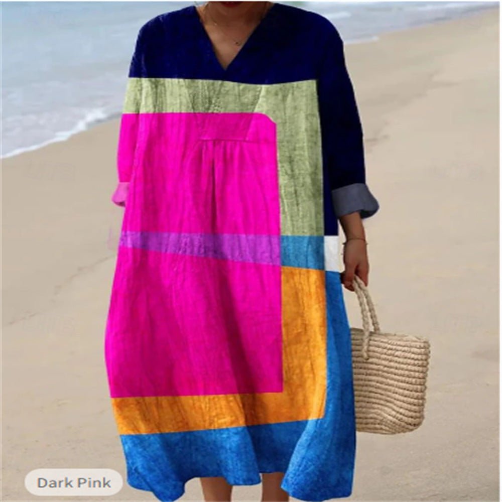 "Printed Plus Size Linen Dress | Long Sleeve Loose Fit 2XS–5XL"