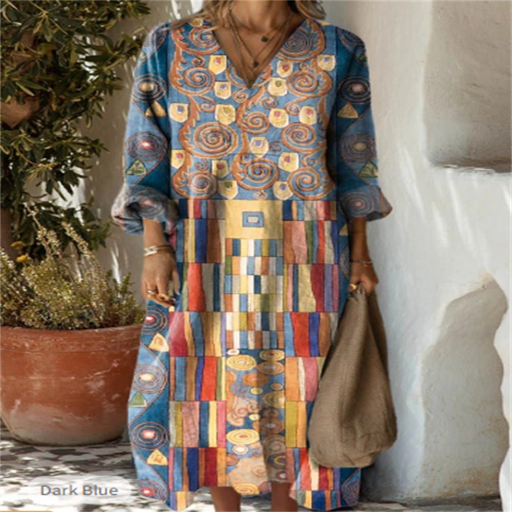 "Printed Plus Size Linen Dress | Long Sleeve Loose Fit 2XS–5XL"