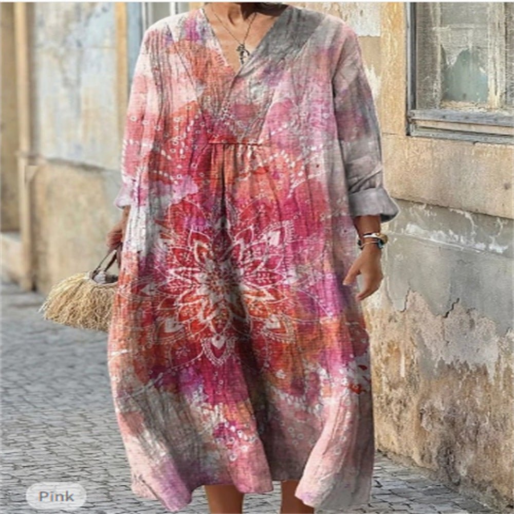 "Printed Plus Size Linen Dress | Long Sleeve Loose Fit 2XS–5XL"