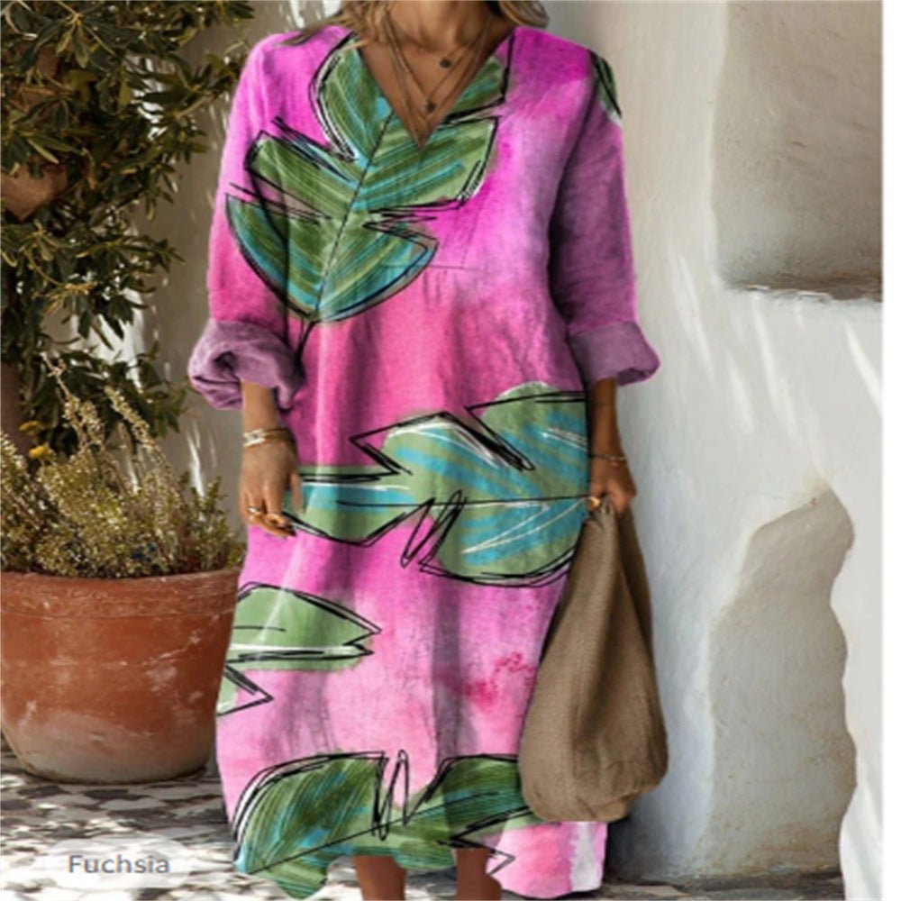 "Printed Plus Size Linen Dress | Long Sleeve Loose Fit 2XS–5XL"