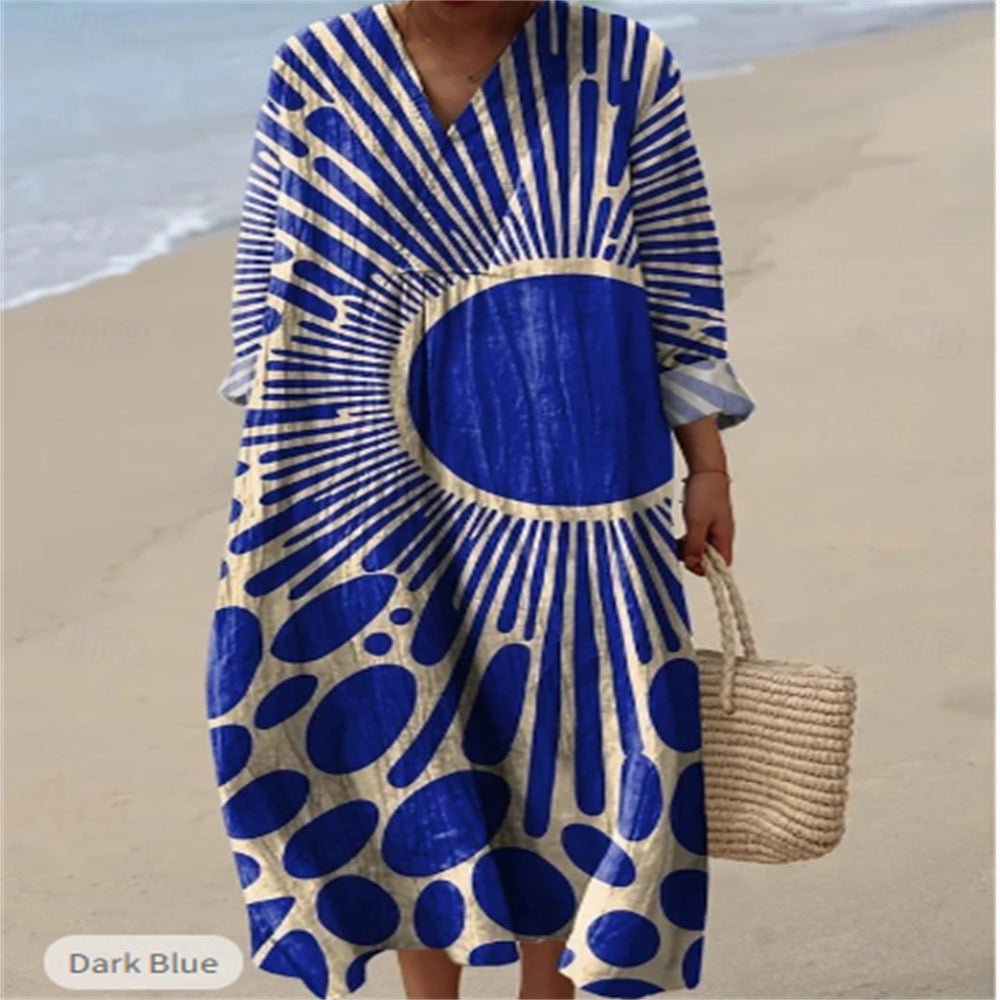 "Printed Plus Size Linen Dress | Long Sleeve Loose Fit 2XS–5XL"