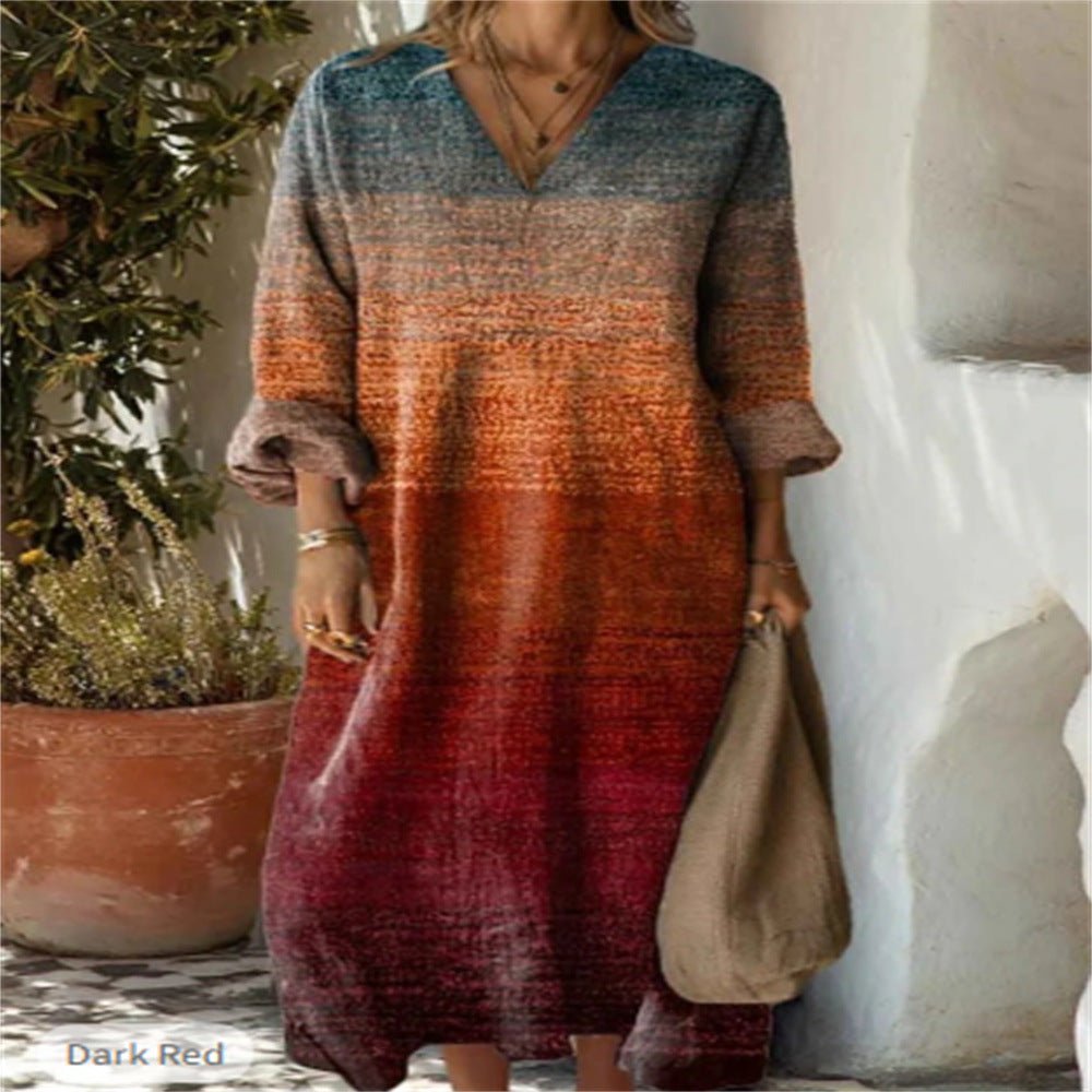 "Printed Plus Size Linen Dress | Long Sleeve Loose Fit 2XS–5XL"