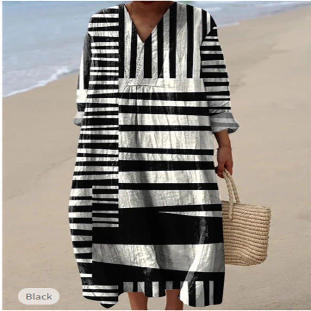 "Printed Plus Size Linen Dress | Long Sleeve Loose Fit 2XS–5XL"