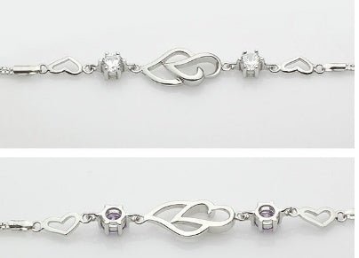 "S925 Silver Heart Amethyst Bracelet | Korean Double Heart Design"
