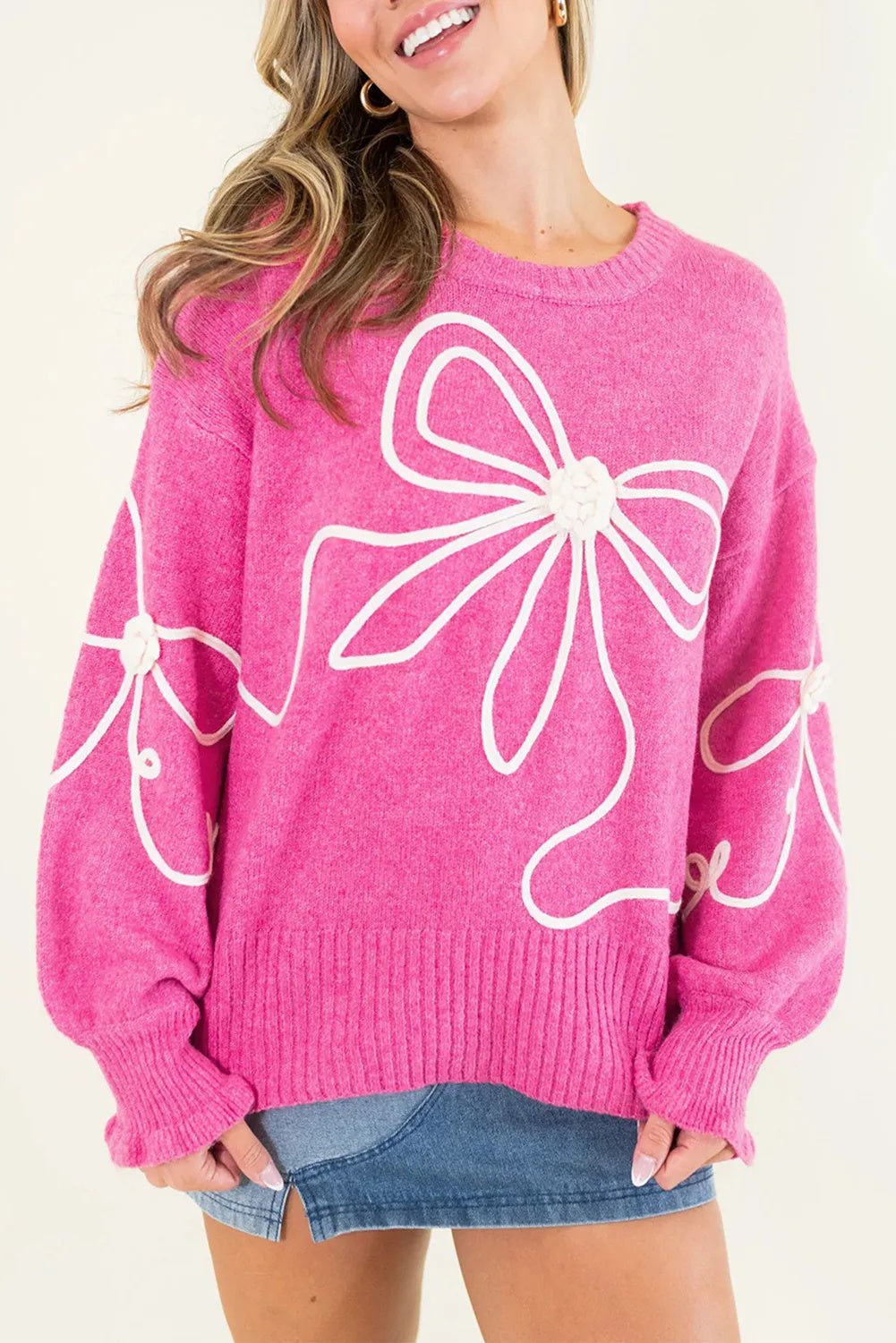 "Bright Pink Sweater – Flower Bow Detail, Ribbed Trim, Casual Fit"