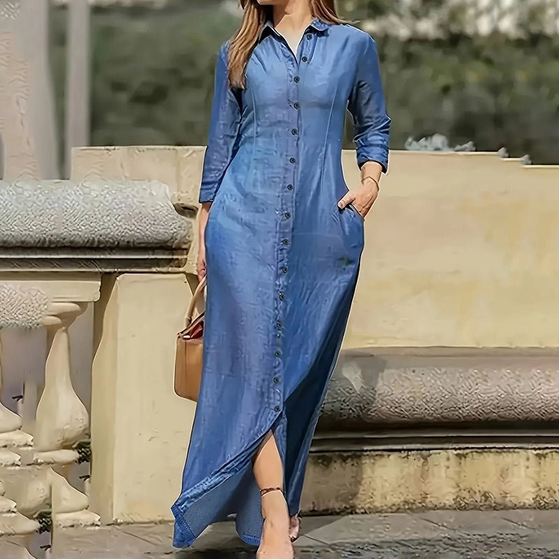 "Women’s Denim Maxi Dress – Button Down, Long Sleeve, S–5XL"