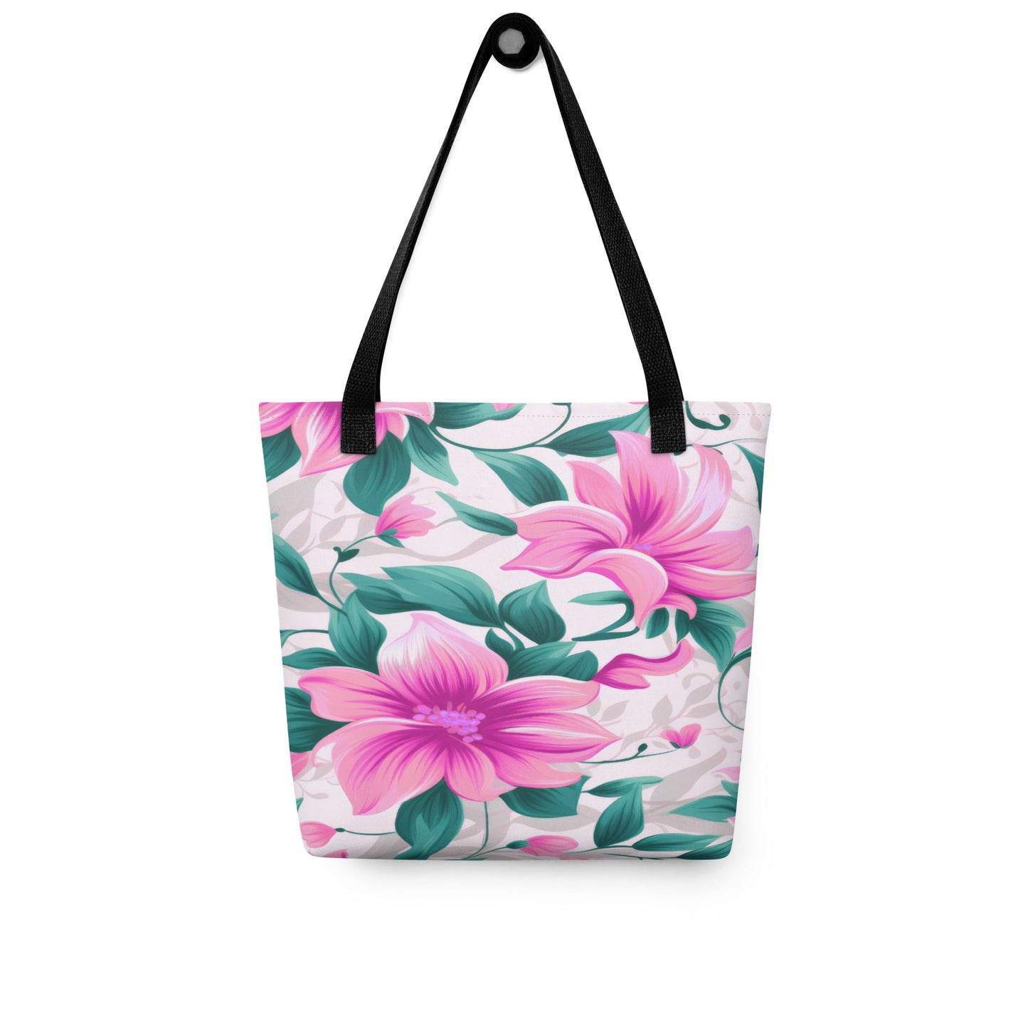 "Pink Floral All-Over Print Tote Bag | 100% Polyester | 15\" × 15\""