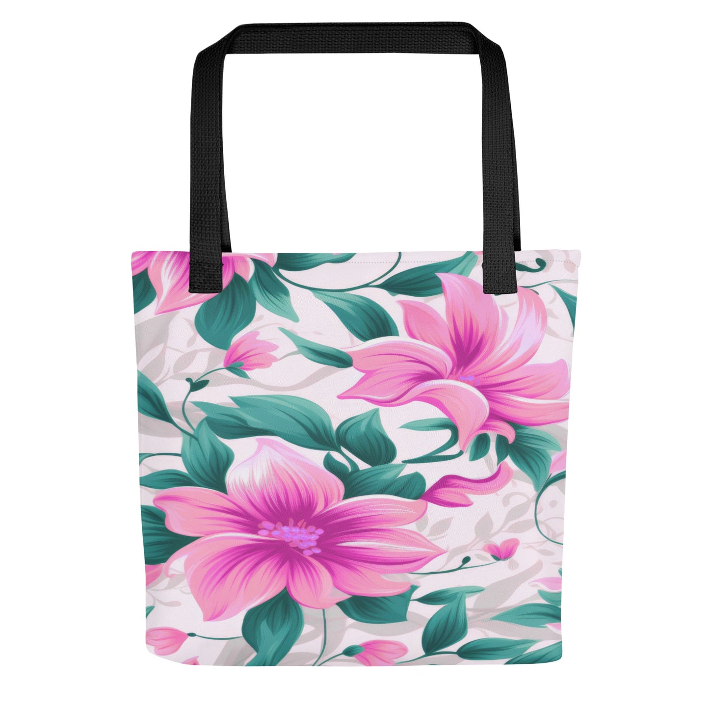 "Pink Floral All-Over Print Tote Bag | 100% Polyester | 15\" × 15\""