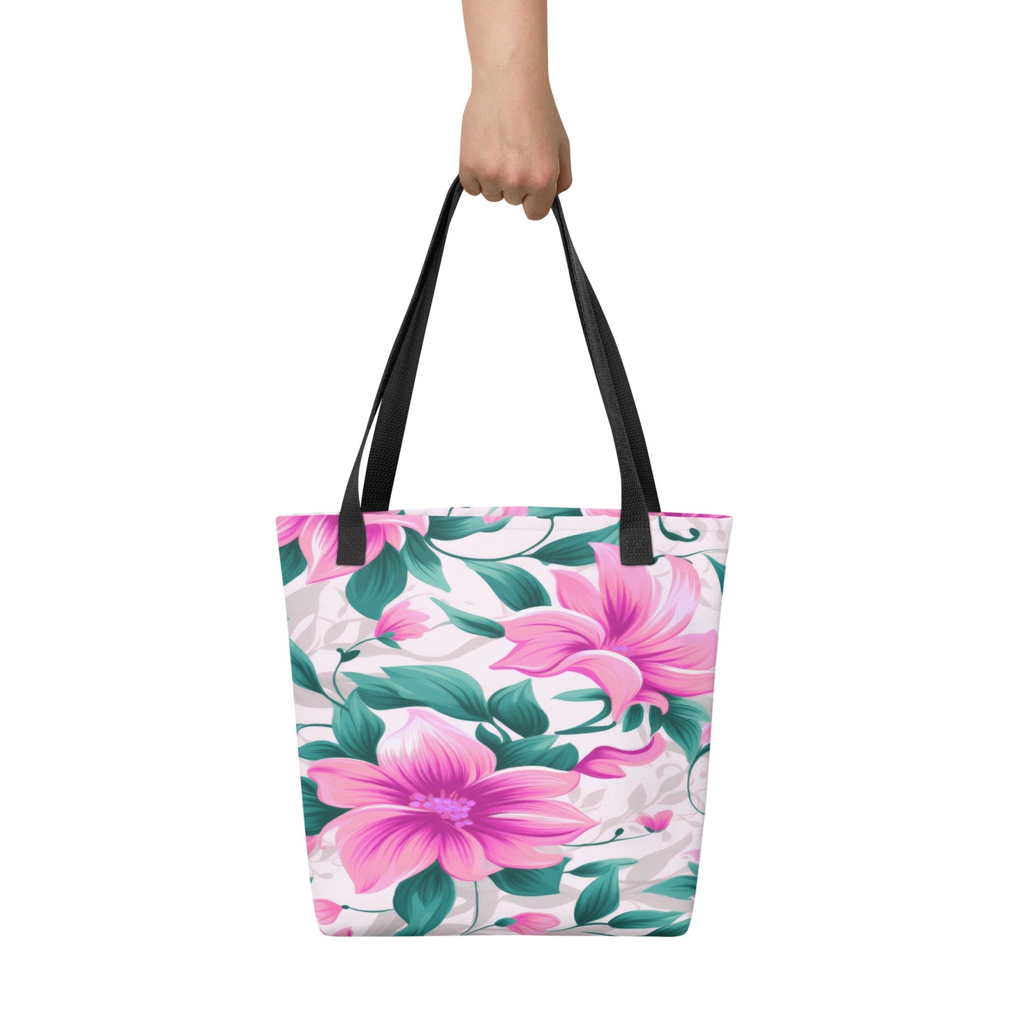 "Pink Floral All-Over Print Tote Bag | 100% Polyester | 15\" × 15\""