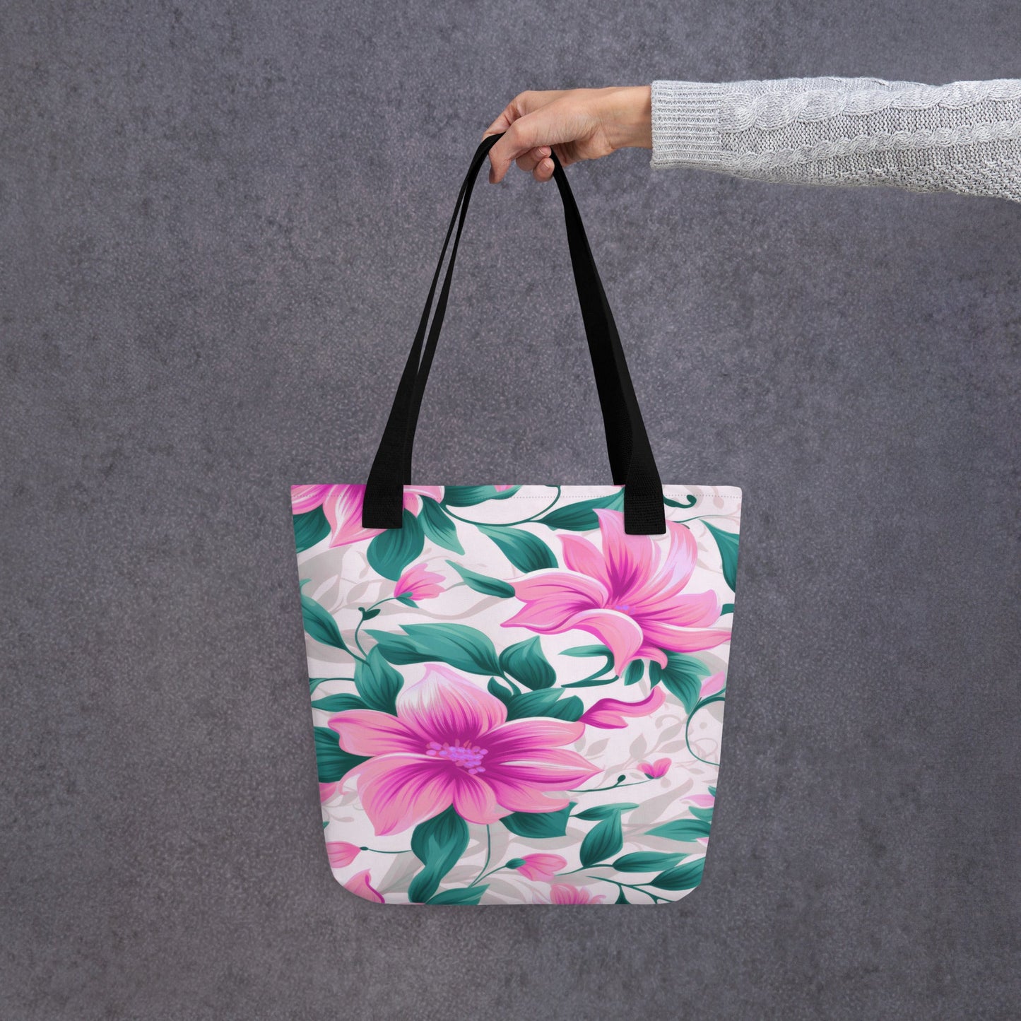 "Pink Floral All-Over Print Tote Bag | 100% Polyester | 15\" × 15\""