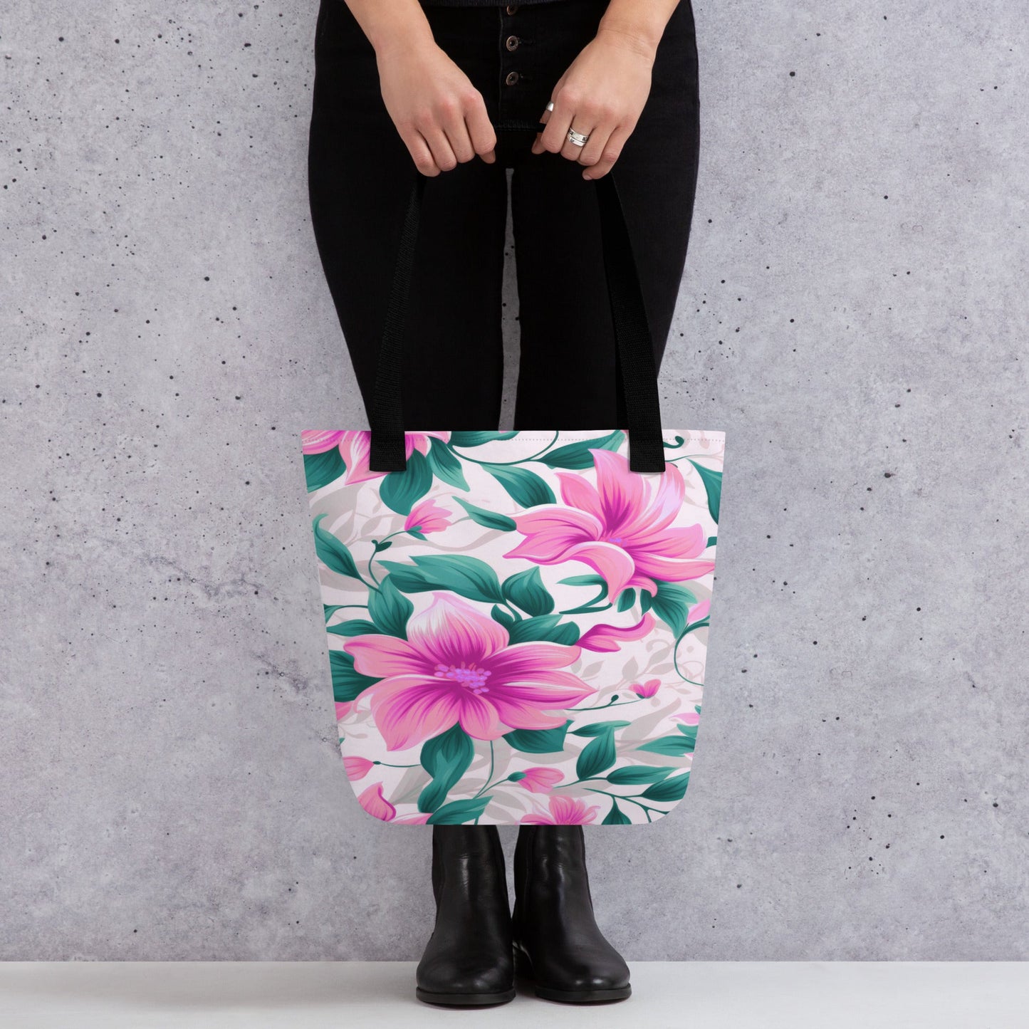 "Pink Floral All-Over Print Tote Bag | 100% Polyester | 15\" × 15\""