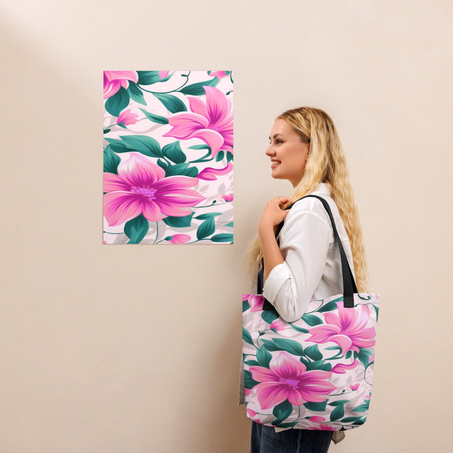 "Pink Floral All-Over Print Tote Bag | 100% Polyester | 15\" × 15\""