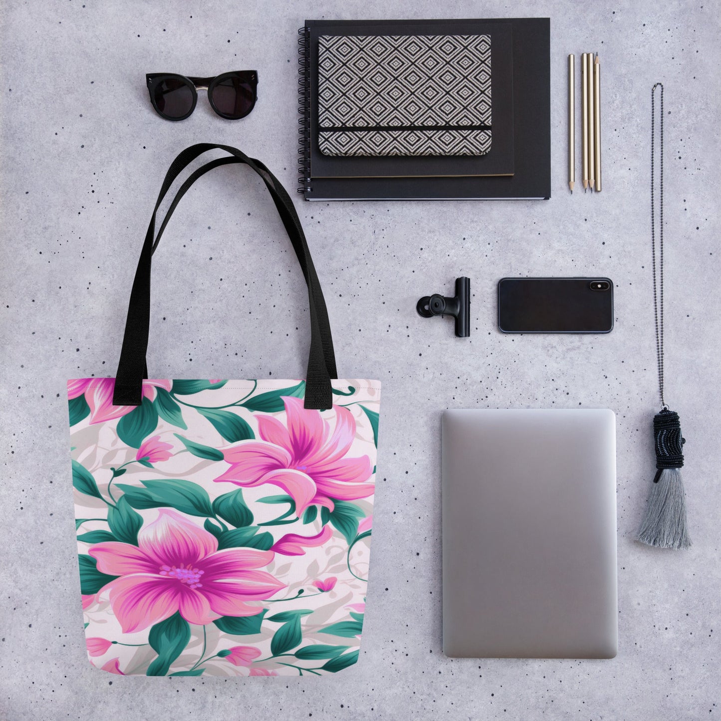 "Pink Floral All-Over Print Tote Bag | 100% Polyester | 15\" × 15\""