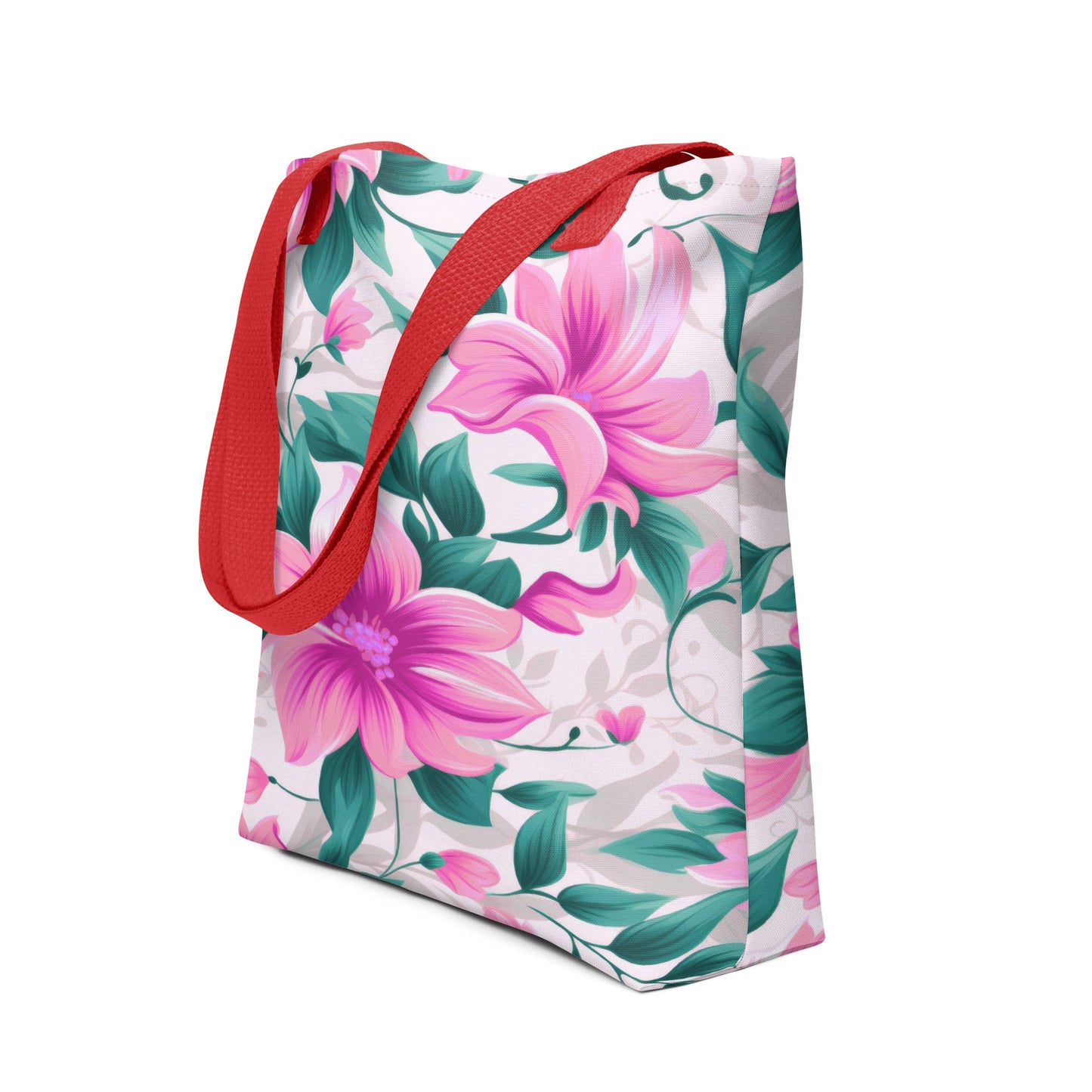 "Pink Floral All-Over Print Tote Bag | 100% Polyester | 15\" × 15\""