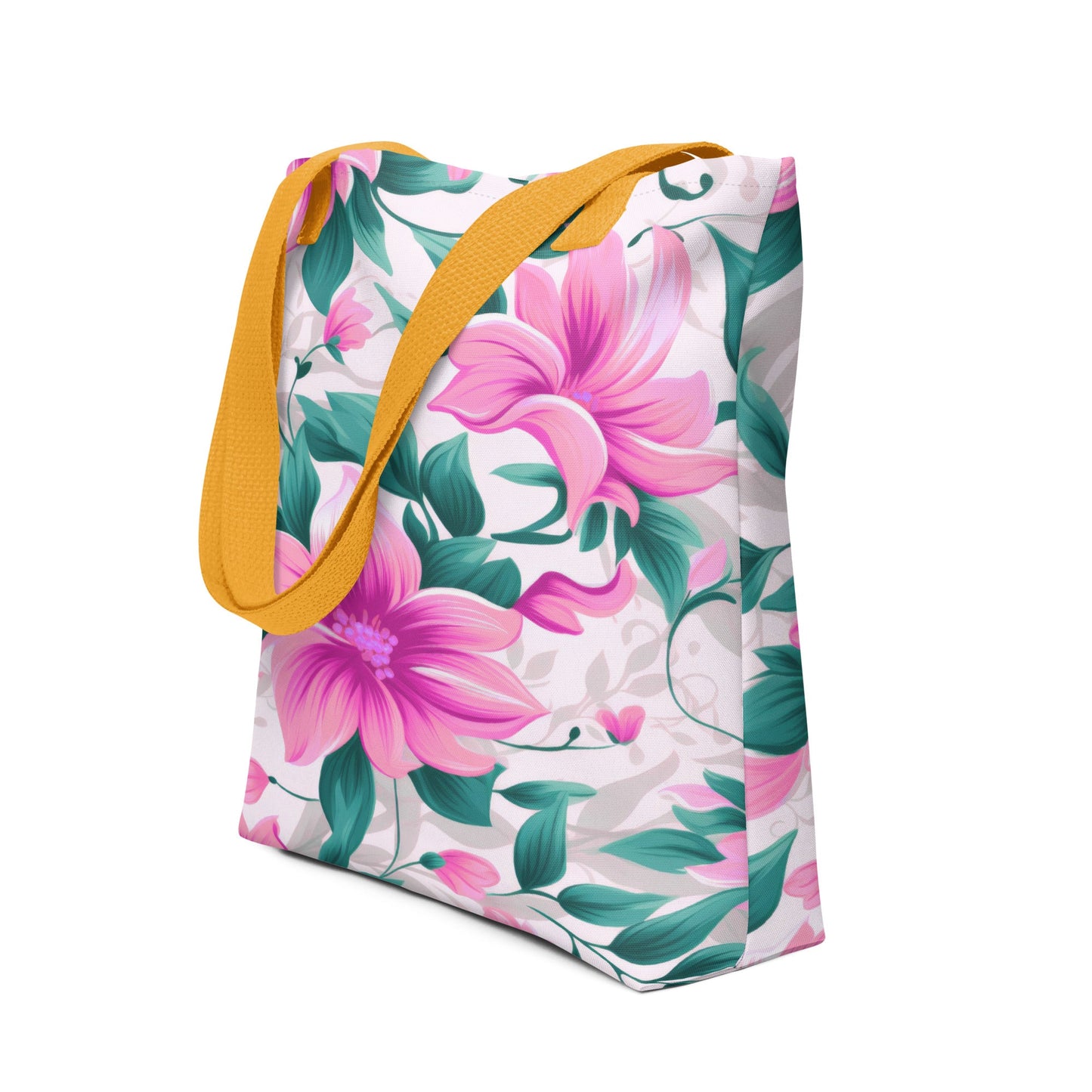 "Pink Floral All-Over Print Tote Bag | 100% Polyester | 15\" × 15\""