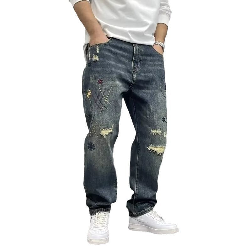Streetwear Autumn Loose Ripped Patch Jeans Men 28-36
