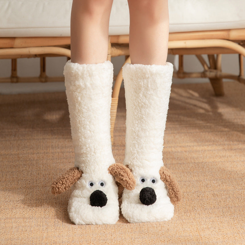 Cute Cartoon Dog Winter Plush Non-Slip Warm Floor Socks for Women