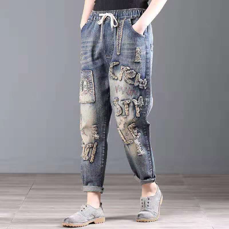 Streetwear Patchwork Cotton Jeans – Embroidered Style (26–34)