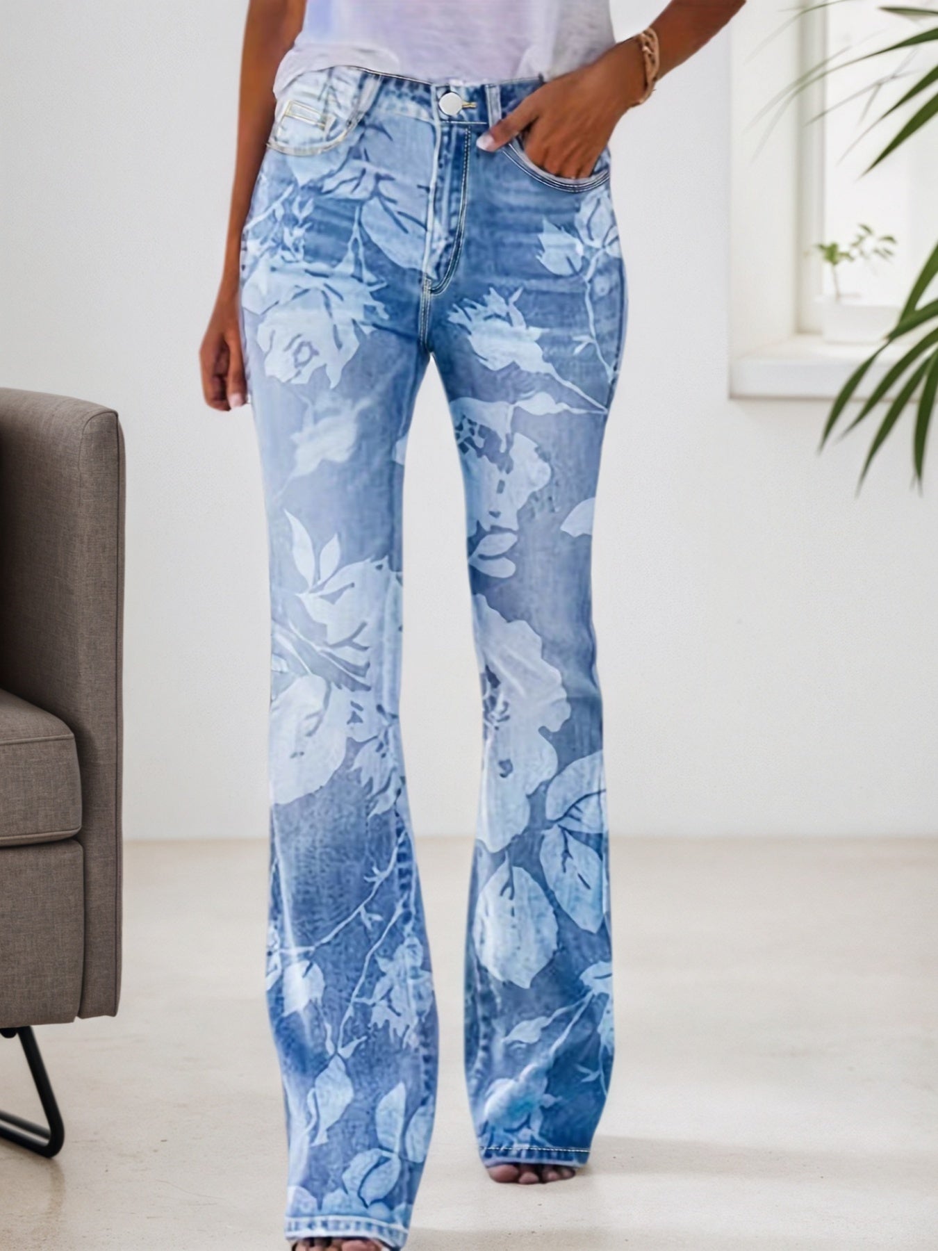 Women’s Autumn Winter Printed Denim Pants – Warm Stretch Jeans