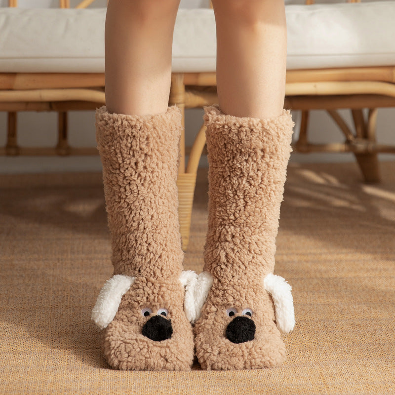 Cute Cartoon Dog Winter Plush Non-Slip Warm Floor Socks for Women