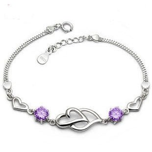 "S925 Silver Heart Amethyst Bracelet | Korean Double Heart Design"