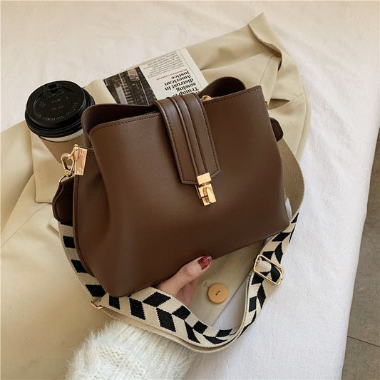 "PU Leather Bucket Bag | Wide Shoulder Strap Crossbody"