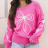 Bright Pink Sweater – Flower Bow Detail, Ribbed Trim, Casual Fit