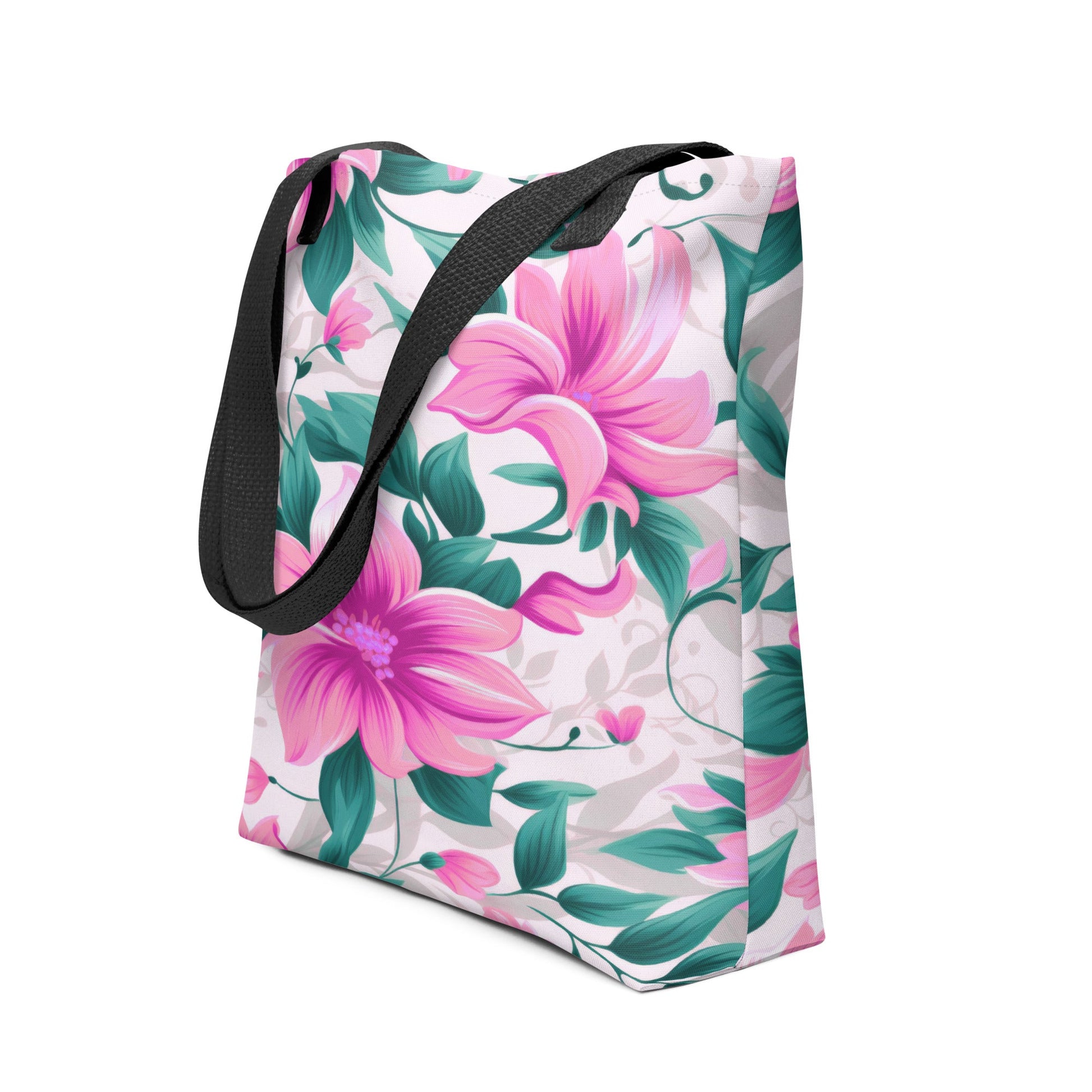 "Pink Floral All-Over Print Tote Bag | 100% Polyester | 15\" × 15\""