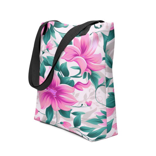 "Pink Floral All-Over Print Tote Bag | 100% Polyester | 15\" × 15\""