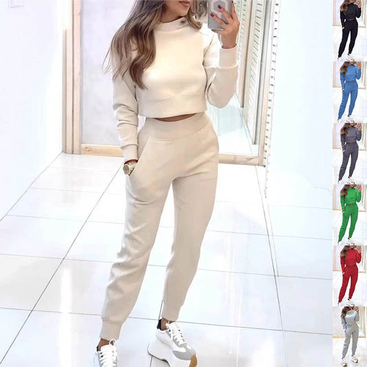 "Women’s Stand Collar Pullover Sports Set | Crop Top + Pants S–3XL"