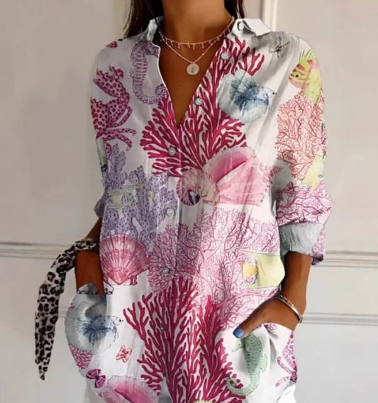 Floral Print Long-Sleeved Shirt – Women's Casual Button Top XS–5XL