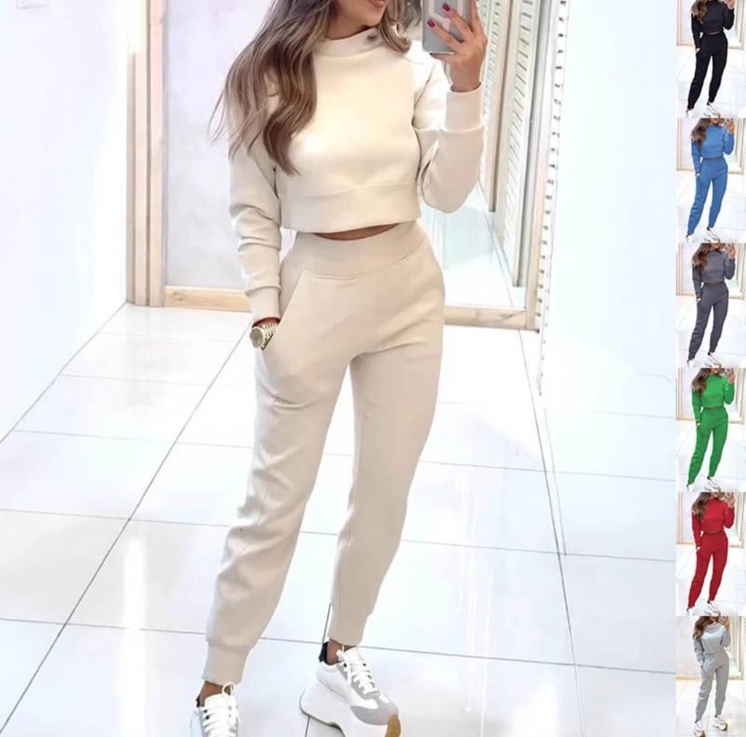 Women’s Stand Collar Pullover Sports Set | Crop Top + Pants S–3XL