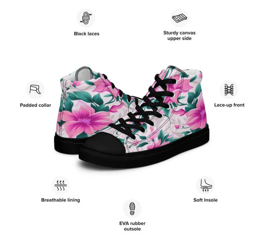 Women’s High Top Canvas Shoes – Pink Floral Print | Size 5–11.5