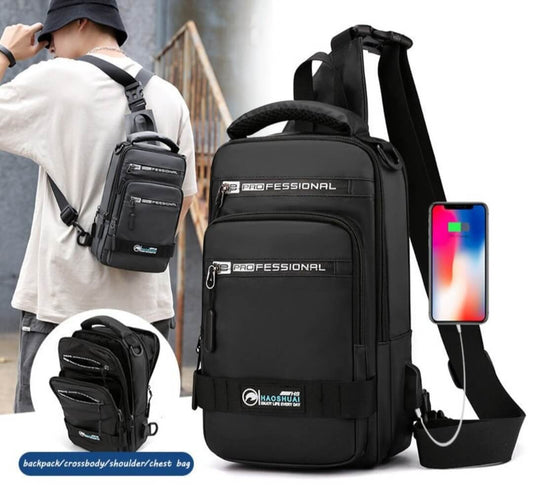 Nylon Men's Multifunction Backpack & Crossbody Bag with USB Port
