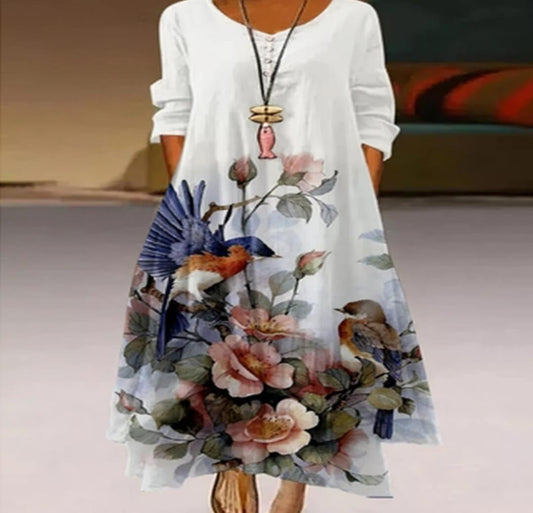 Floral Long Sleeve Polyester Dress | Irregular Hem, S–4XL