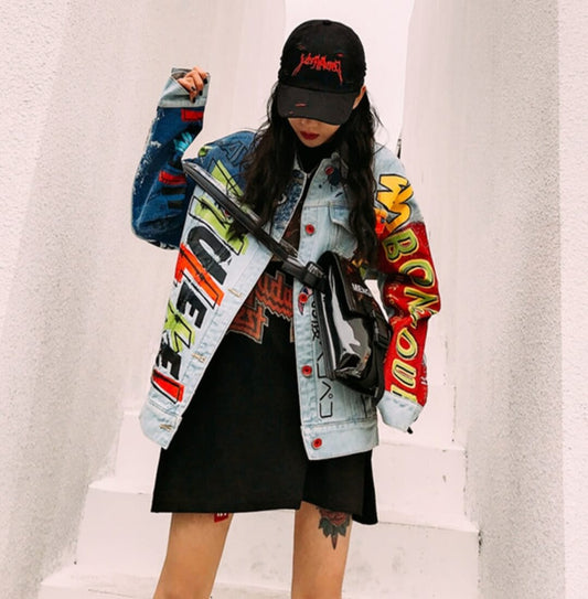 Women’s Graffiti Print Jean Cotton Jacket Fashion Style S–XL