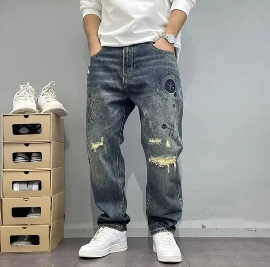 Streetwear Autumn Loose Ripped Patch Jeans Men 28-36