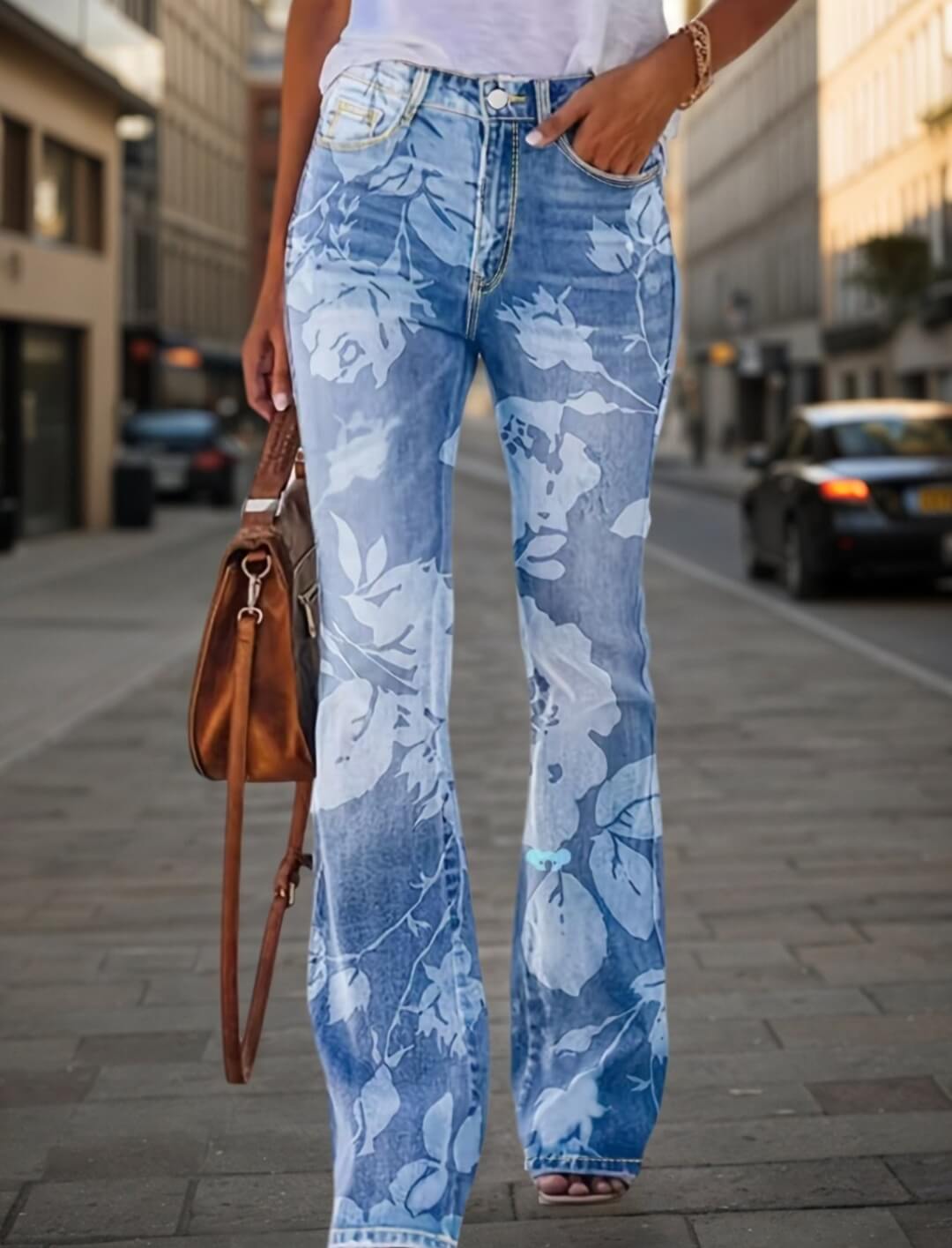 Women’s Autumn Winter Printed Denim Pants – Warm Stretch Jeans