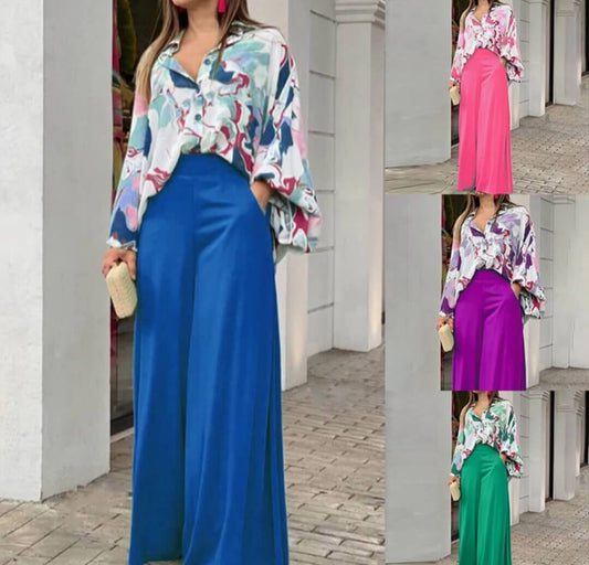 Elegant Printed Shirt & Wide-Leg Pants Two-Piece Casual Outfit