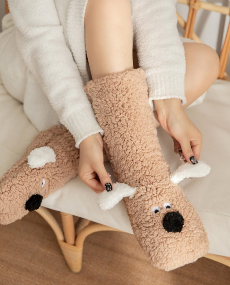 Cute Cartoon Dog Winter Plush Non-Slip Warm Floor Socks for Women