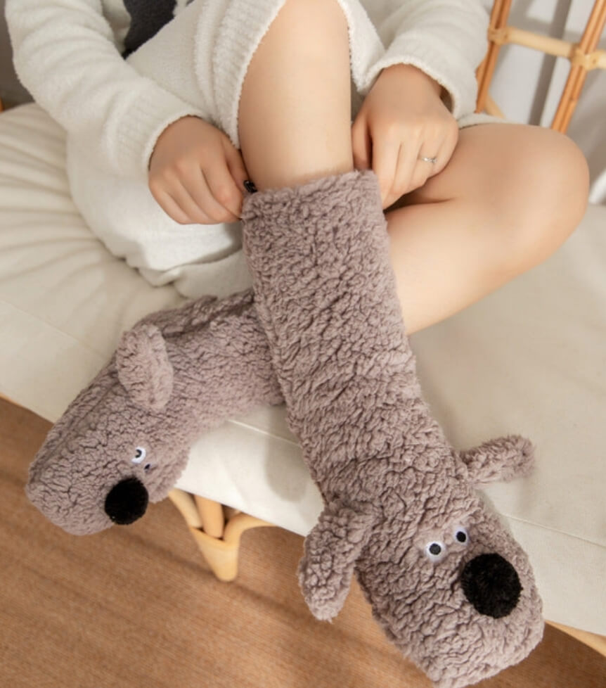 Cute Cartoon Dog Winter Plush Non-Slip Warm Floor Socks for Women