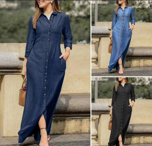 Women’s Denim Maxi Dress – Button Down, Long Sleeve, S–5XL