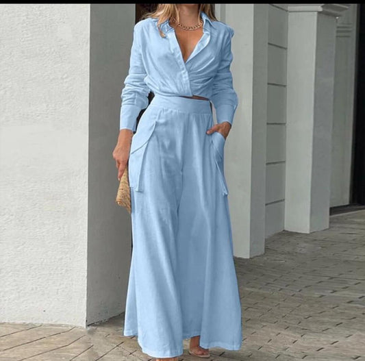 Women’s Plus Size Pant Set – Crisscross Top & Wide Leg Pants