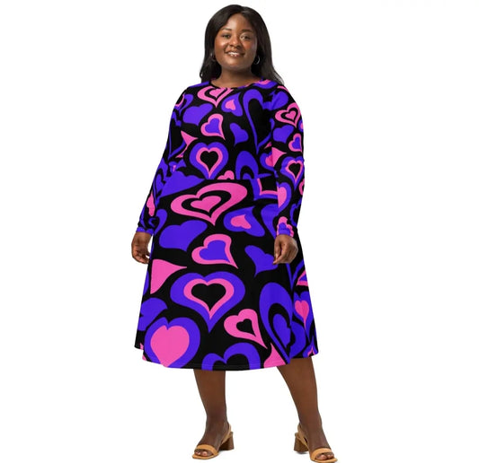 All-Over Print Long Sleeve Midi Dress | 2XS–6XL Big Size