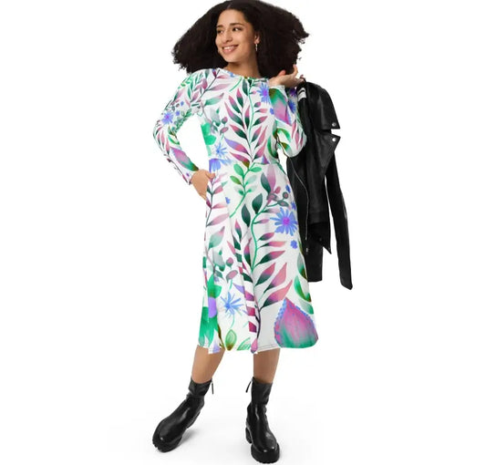All-Over Print Long Sleeve Midi Dress | Sizes 2XS–6XL Plus Size