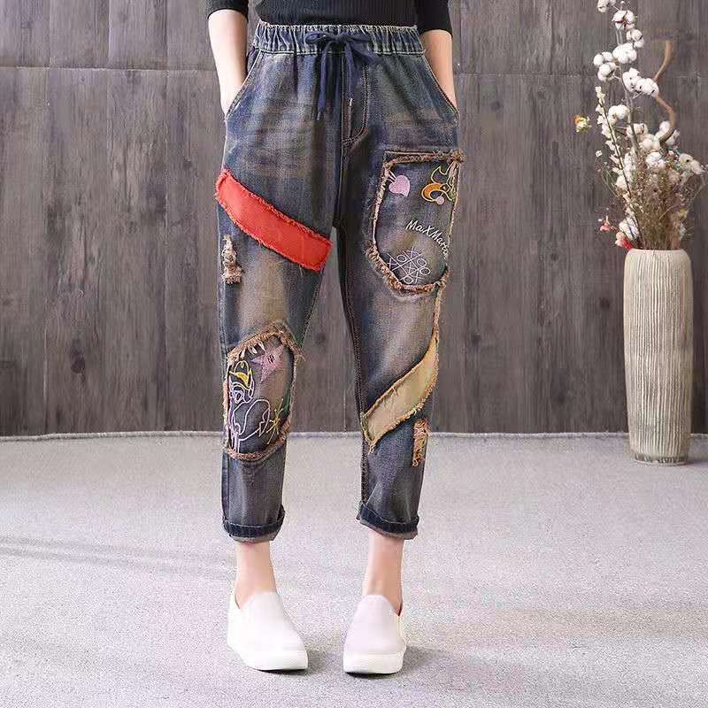Streetwear Patchwork Cotton Jeans – Embroidered Style (26–34)