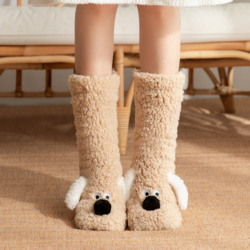 Cute Cartoon Dog Winter Plush Non-Slip Warm Floor Socks for Women